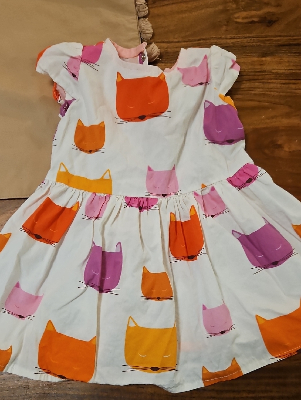 Girls White Dress with Orange, Pink & Purple Cat Faces